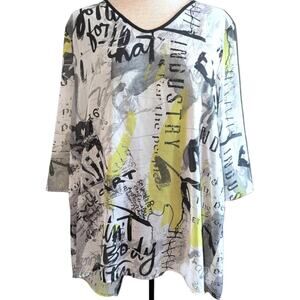 Ulla Popken Blouse Top Sz 16/18 Graphic Artsy V-Neck Open Back Yellow Black